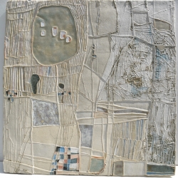 Highly textured ceramic art wall panel depicting an abstracted Cornish landscape